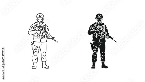 Special forces soldier with tactical gear and rifle silhouette vector icon set for security or military projects