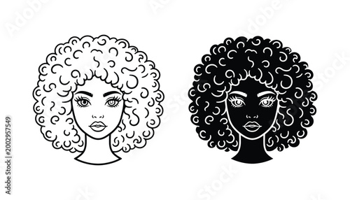 Beautiful woman with curly afro hair silhouette vector icon set for beauty and salon branding design