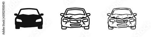 Car with Front End Accident Damage Icon Set for Insurance Claims