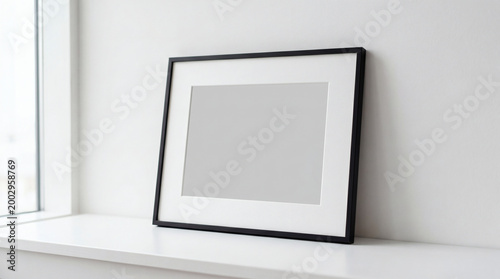  Minimalist Black Horizontal Picture Frame Mockup with White Mat, Blank Art Display on Clean White Wall & Surface. Modern Interior Design Element.