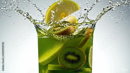 Fresh kiwi and lime slices splashing into vibrant green liquid in slow motion