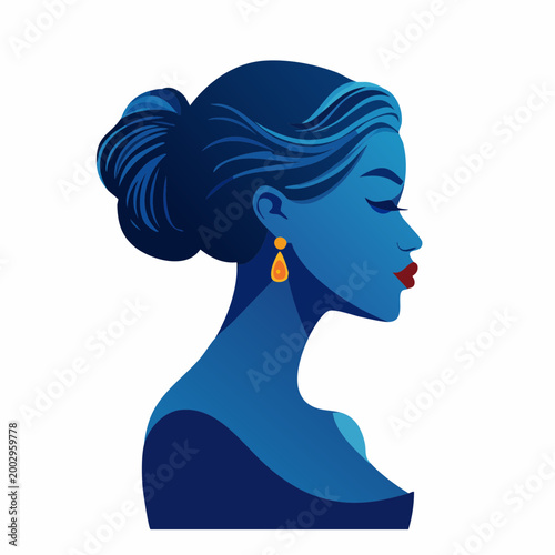 Portrait féminin stylisé en profil bleu et boucles d'oreilles orange, isolé sur fond blanc