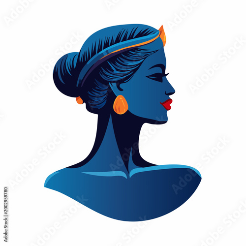 Portrait féminin stylisé en profil bleu et boucles d'oreilles orange, isolé sur fond blanc