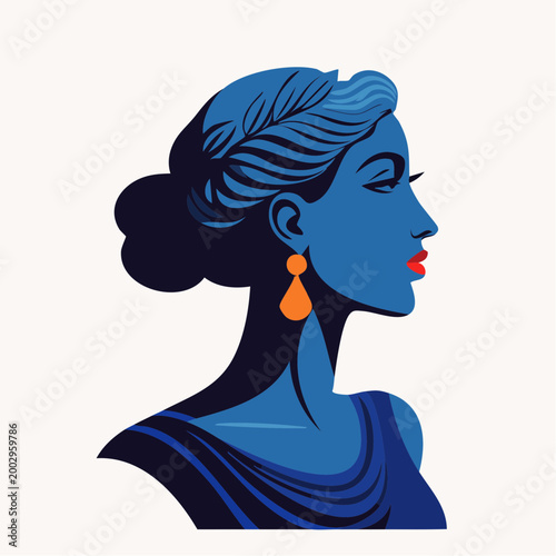 Portrait féminin stylisé en profil bleu et boucles d'oreilles orange, isolé sur fond blanc