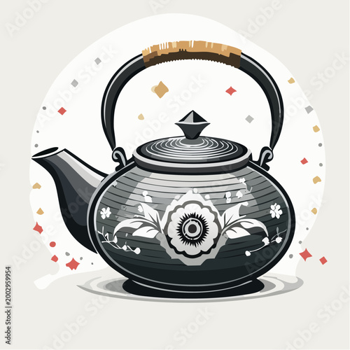 Théière stylisée avec poignée rouge en illustration vintage