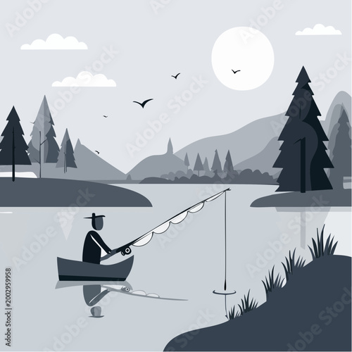 Pêcheur en barque sur lac calme en paysage naturel