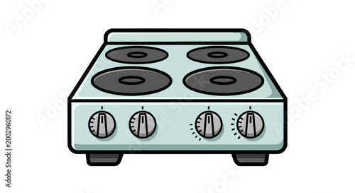 Retro electric stove with four burners and knobs, light blue color, isolated on white background.