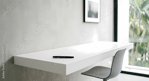 A minimalist interior featuring a sleek white floating desk attached to a wall.