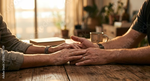 A man and woman are sitting at a wooden table holding hands in a comforting gesture. 
