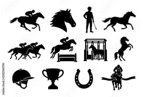 Horse Racing Silhouette Icon Set – Jockey Thoroughbred Gallop Trophy Horseshoe Collection