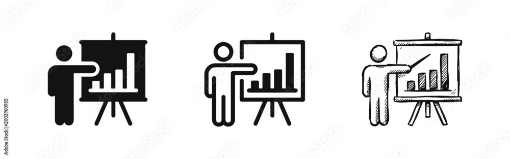 Fototapeta premium Business Presentation and Data Analysis Icons Featuring a Person with a Bar Chart