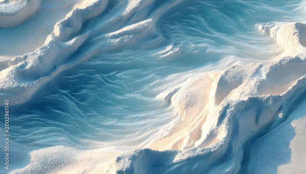 Fototapeta premium Top View of Crystal Clear Turquoise Water Ripples on White Fine Sand Beach for Tropical Nature Background and Luxury Skincare Mockup