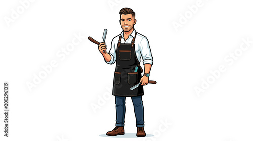 Man wearing apron holding tools.