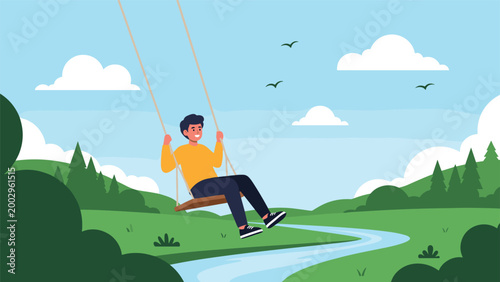 Young boy in a yellow sweater enjoys playing on a rope swing in a lush green park with a winding river and trees.