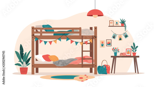 Cozy and well decorated children bedroom featuring wooden bunk bed, desk, indoor plants, and colorful wall art.