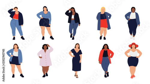 Group of confident plus size women modeling various fashionable outfits to promote body positivity and diversity.