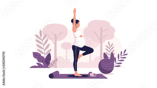 Healthy pregnant woman practices mindfulness and balance with a tree yoga pose in a stylized environment with soft purple tones.