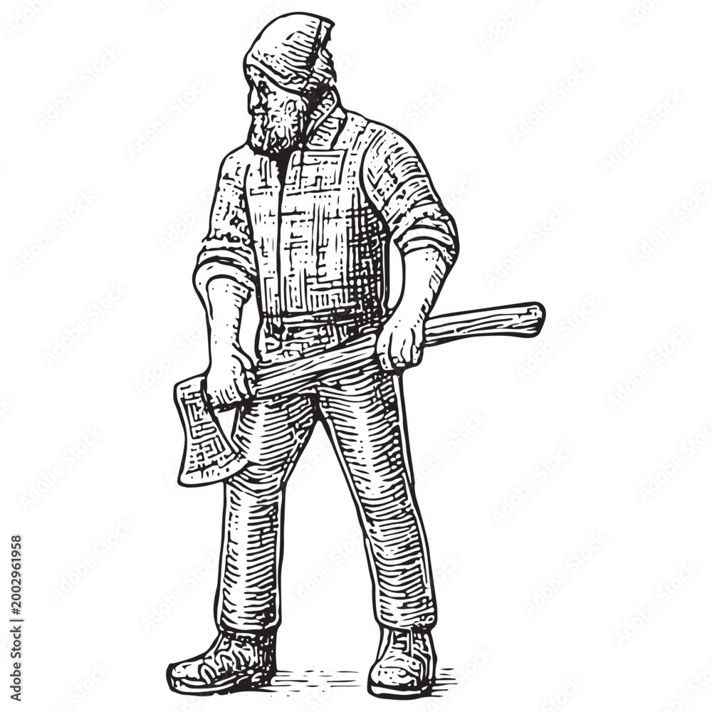 Obraz premium Lumberjack Worker Holding Axe Standing Ready Forestry Logging Professional Outfit