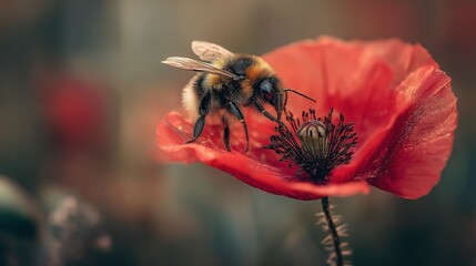 Bumblebee Pollinating Red Poppy Flower