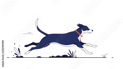 Dynamic minimalist illustration of a dark blue dog with a bright orange collar leaping forward with speed and agility.