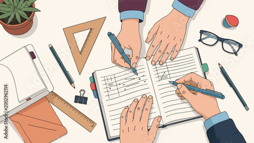 Overhead view of hands collaborating on a notebook with various stationery items like pens, rulers, and glasses on a desk.