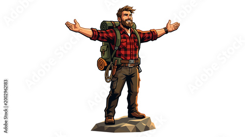 Man wearing backpack on rock formation.