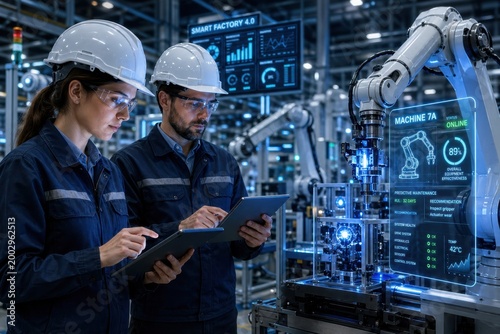 Industry 4.0 Smart Factory Engineers Using Tablets with Robotic Arm Automation and Real Time Data Interface