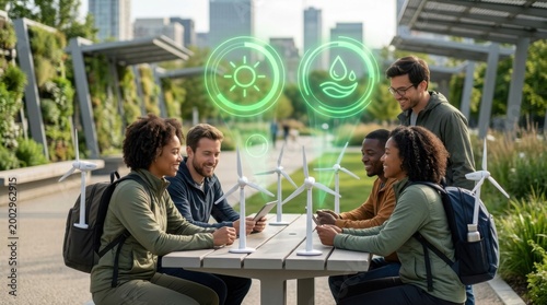 People discuss sustainability icons in urban park setting with diverse group