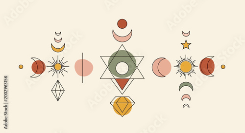 Boho Celestial Geometric Composition with Moon Phases and Mystical Symbols