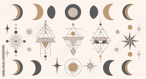Boho Celestial Geometric Elements Set with Moon Phases and Stars