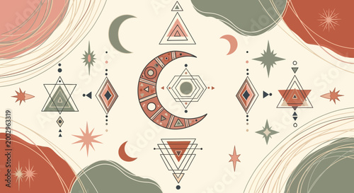 Boho Celestial Moon and Geometric Sacred Symbols Pattern