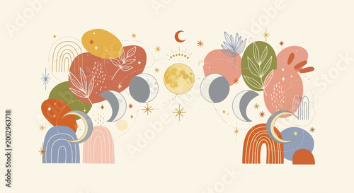 Boho Celestial Moon Phases and Abstract Shapes Illustration
