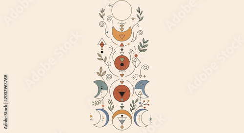 Boho Celestial Moon Phases and Botanical Elements Illustration