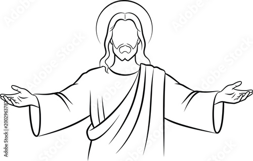 Simple line illustration vector graphic design of Jesus Christ with outstretched welcoming arms and a halo, representing divine love and open invitation to all believers