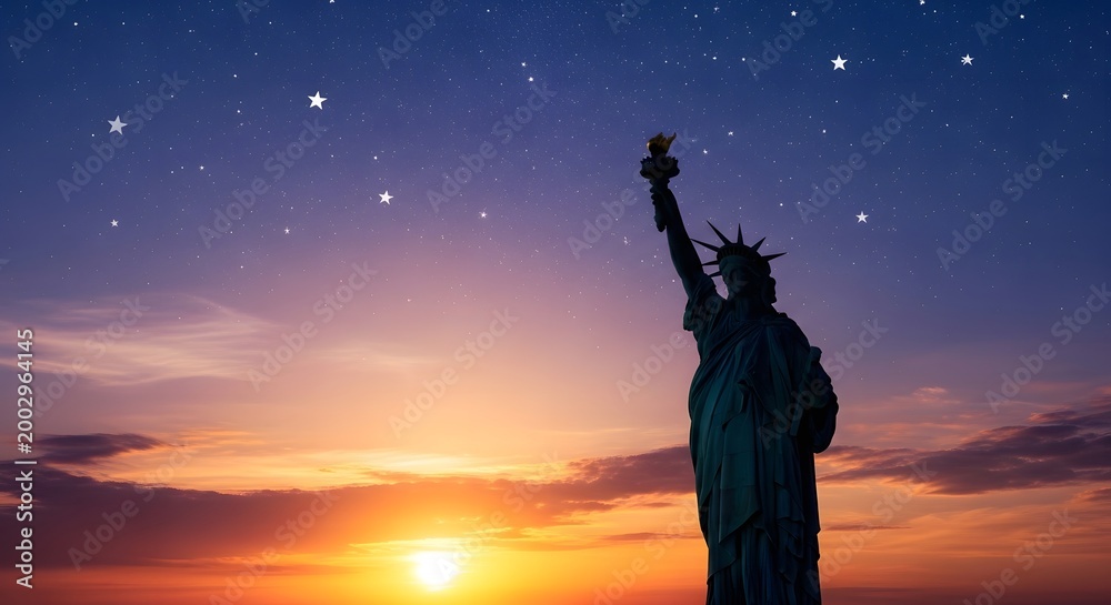 Fototapeta premium Silhouette of person raising arms under starry sky at sunset