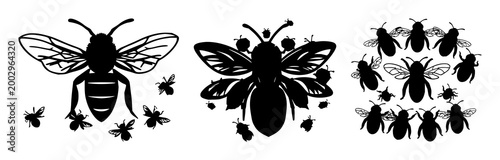 Solid black icon, white background: swarm intelligence bee cluster set with simple line art design featuring outline, illustration, graphic elements with clean design and vector art