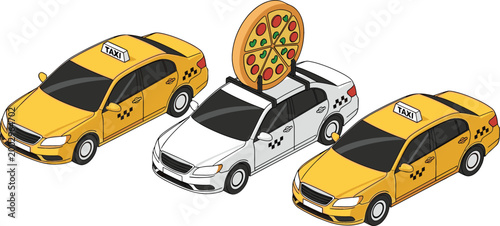 Taxi cars set yellow cab vehicles with rooftop signs and pizza delivery car urban transport isometric vector illustration collection