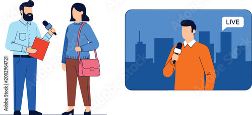 Flat Style Journalists with Microphones and Live News Anchor Broadcasting on Television Vector Illustration