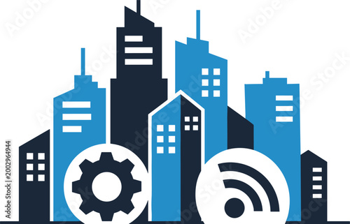 Smart city concept with interconnected buildings technology gear and wifi signal for future urban development.