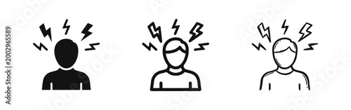 Stress and Mental Health Icon Set with Lightning Bolts around Head