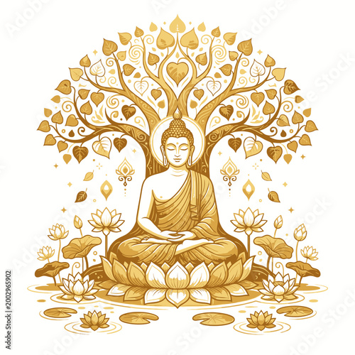 Golden Buddha Meditating Under Bodhi Tree - Spiritual Enlightenment Lotus Vesak Vector 2026