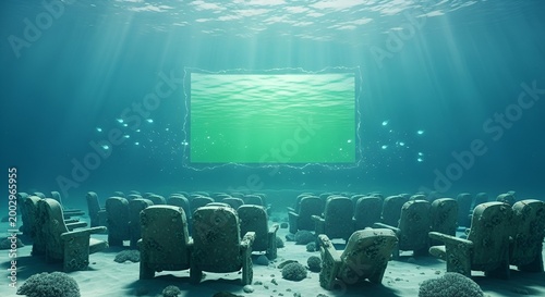 Underwater cinema with empty seats ocean.