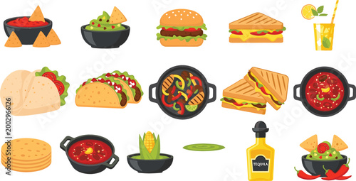 Mexican food dishes set tacos burritos nachos guacamole burger sandwich soup and drinks traditional cuisine vector illustration collection