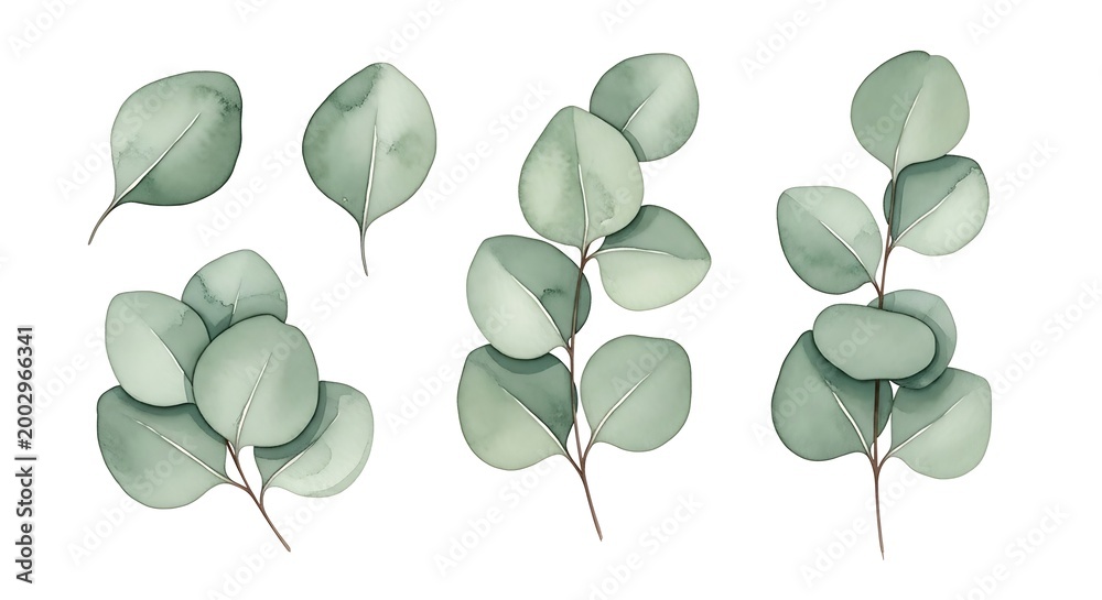 Obraz premium Grey eucalyptus leaves set isolated on white background, illustration