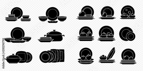 Set of various kitchenware and dinnerware items, including plates, bowls, pots, and dishes in black silhouette.