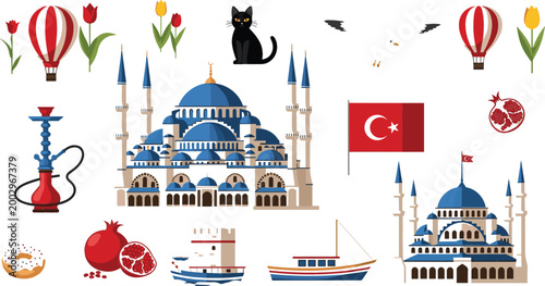 Turkey travel symbols set landmarks culture icons with mosque hot air balloon tea hookah pomegranate and national flag vector illustration