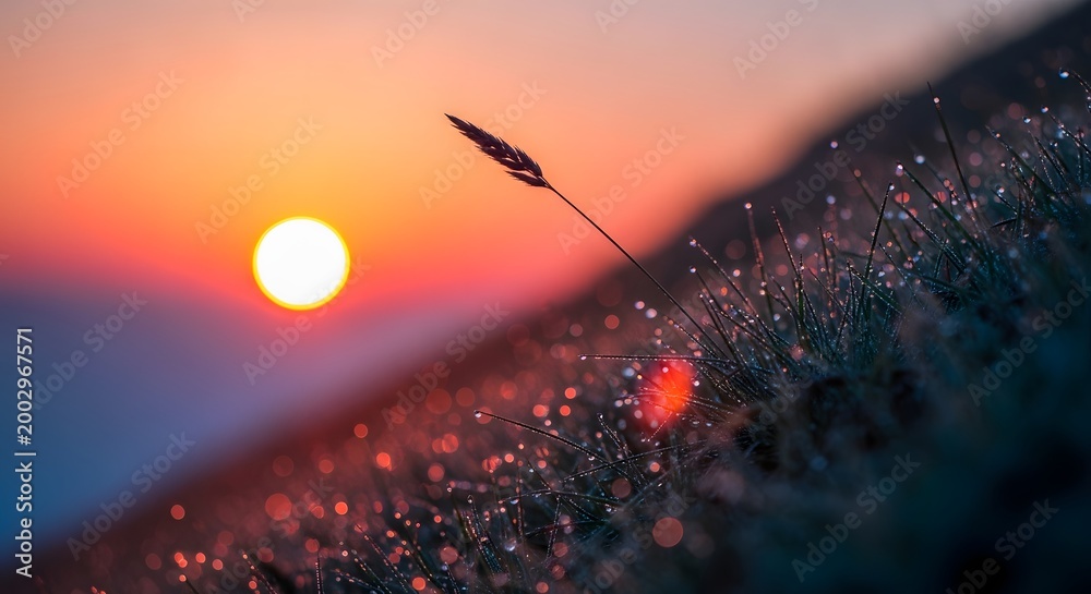 Naklejka premium Dew drops on grass at sunrise with mountain view. Fresh start and morning vitality concept. Single blade of grass silhouetted against rising sun in a misty meadow