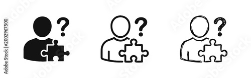 Person with puzzle piece and question mark icon set for problem solving and psychology concept
