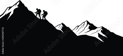mountain range silhouette with climbers black and white