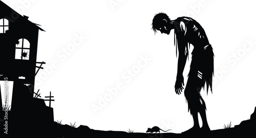zombie silhouette with haunted house and mouse on grass